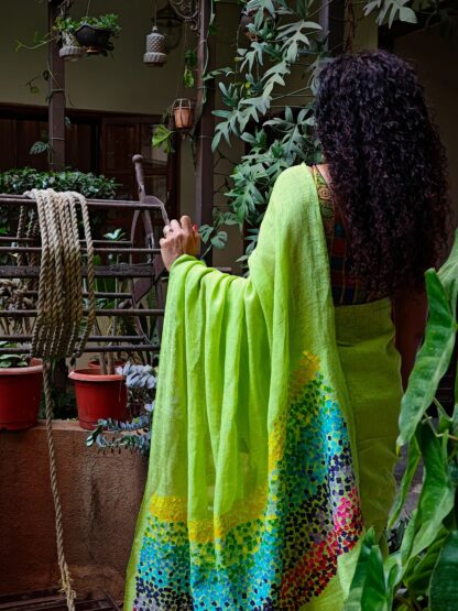 Calyz Green Linen Saree with Collage Technique - Image 6